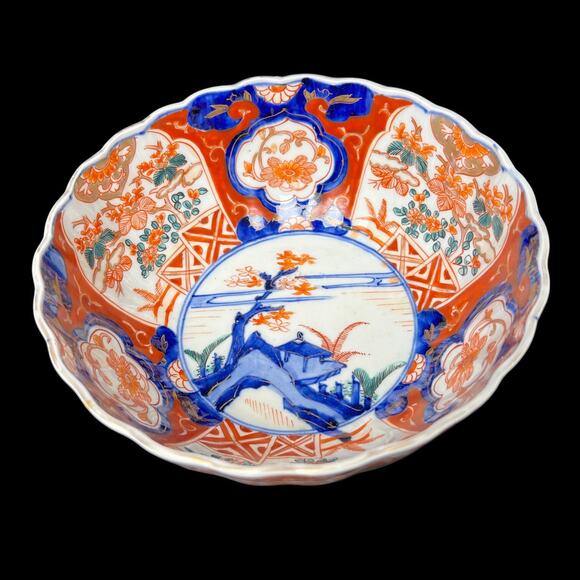 Imari Style Porcelain Bowl Blue Red Floral Scalloped Edge Vintage 4.25 Tall - Picture 1 of 14